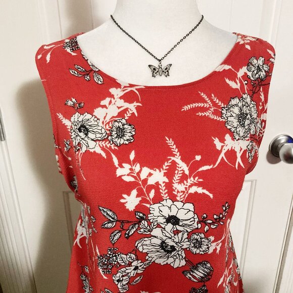 BOBEAU Dark salmon pink black white floral print sleeveless shirt ~ MEDIUM LARGE - Picture 3 of 13